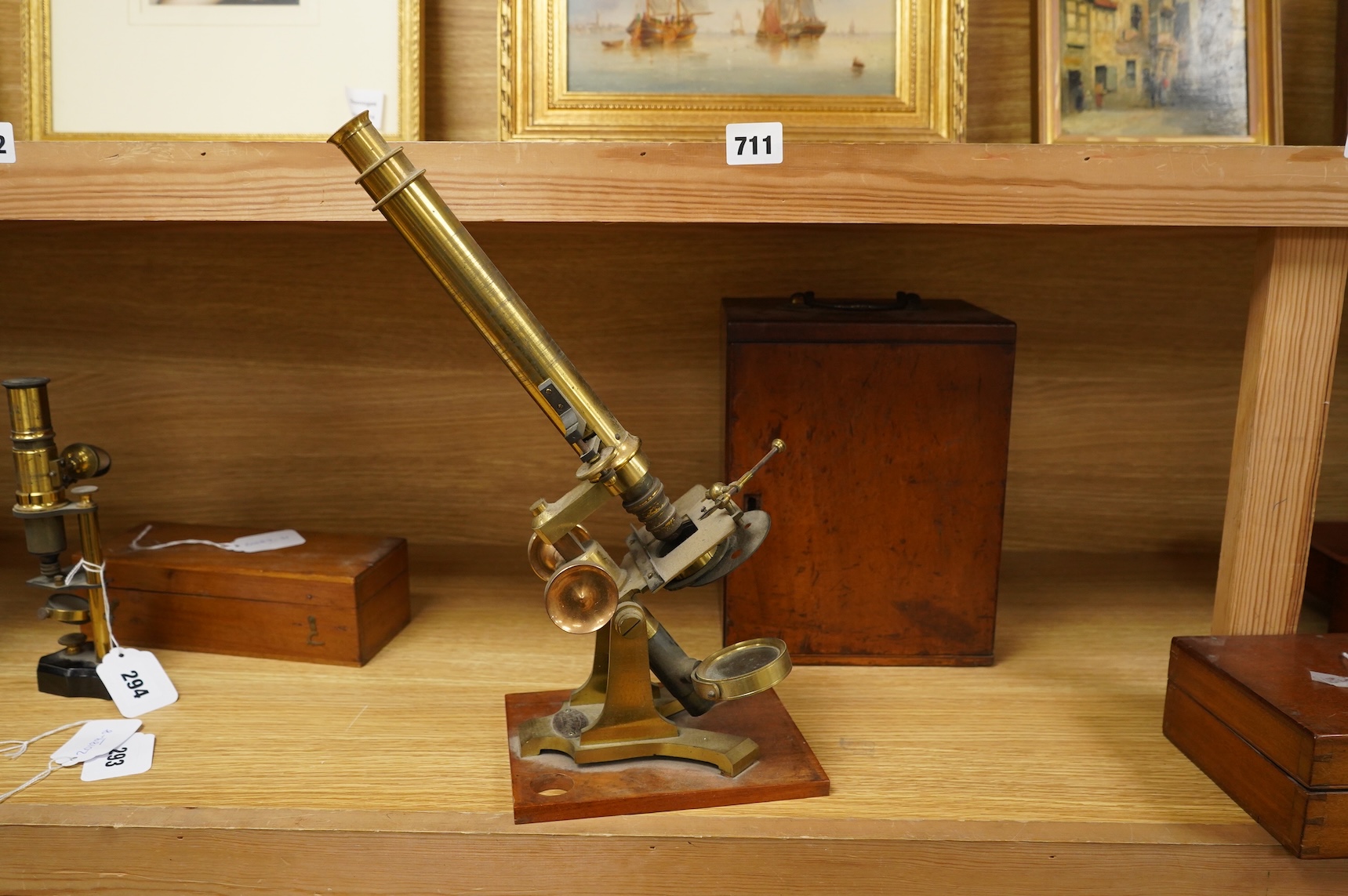 A late 19th century lacquered brass spectroscope, in three sections , by John Brown, 63, Strand, London, mahogany cased; 19 x 13.5 x 7cm